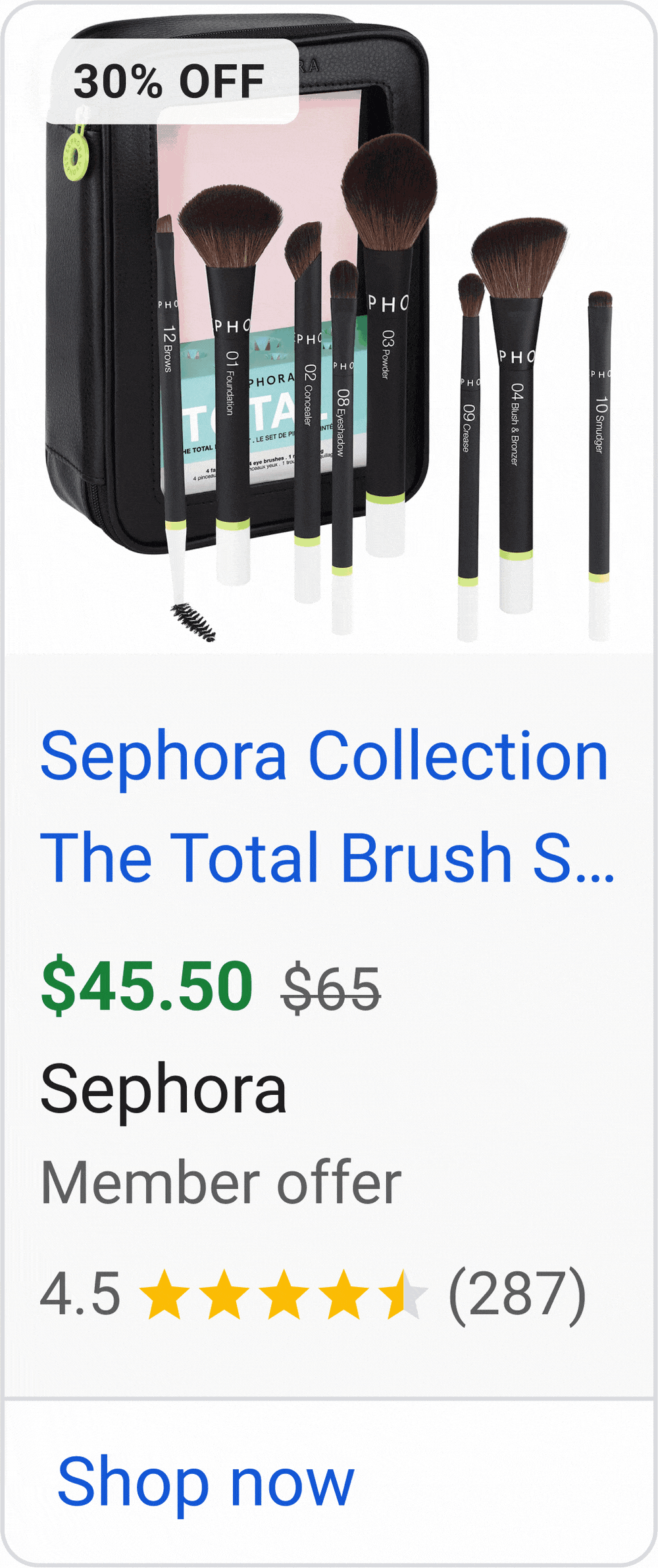 Image of Sephora products on Google with updated loyalty member offer pricing.