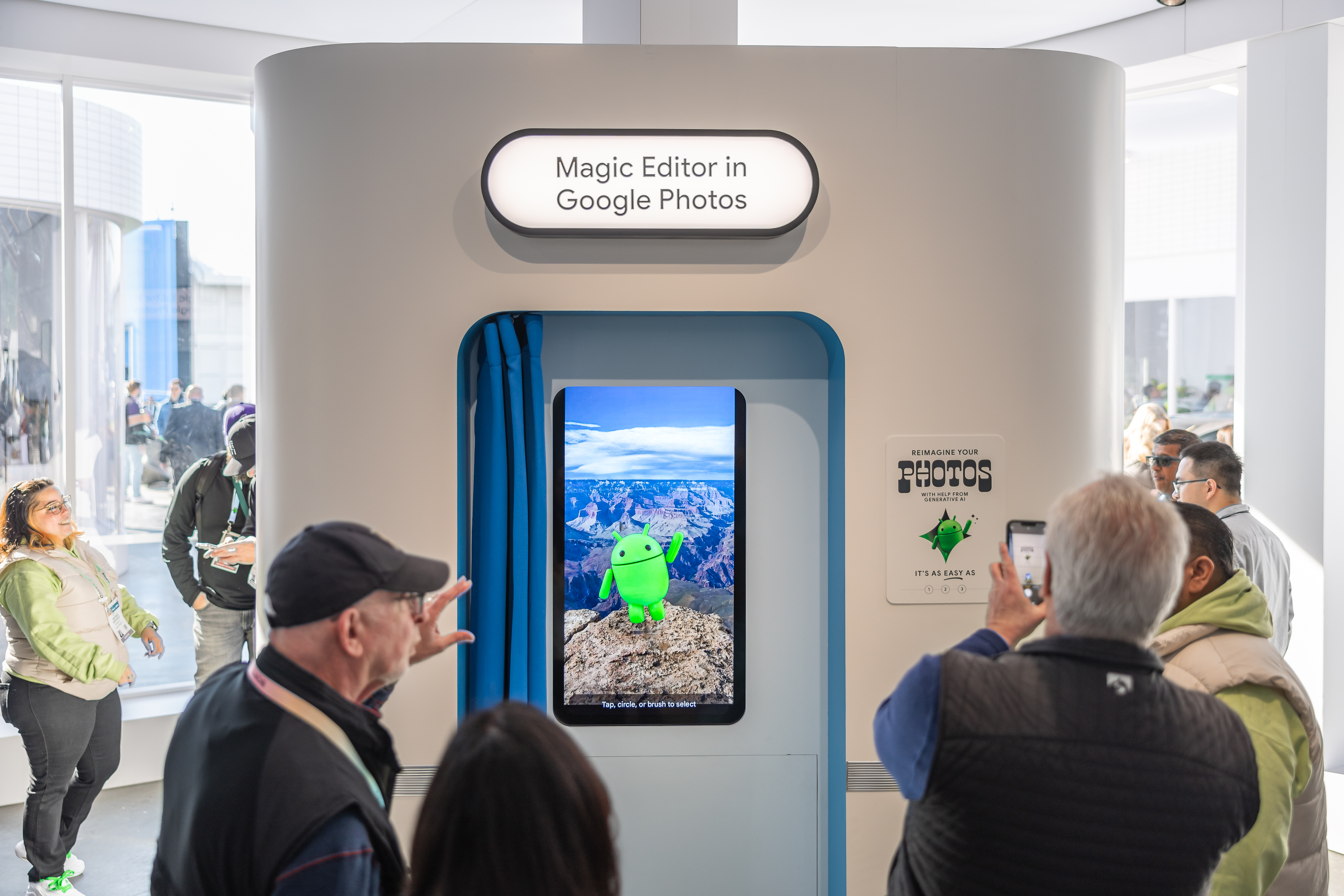 The second shows a group of people gathered around a photobooth where a demo of Magic Editor in Google Photos plays on a screen in the background.