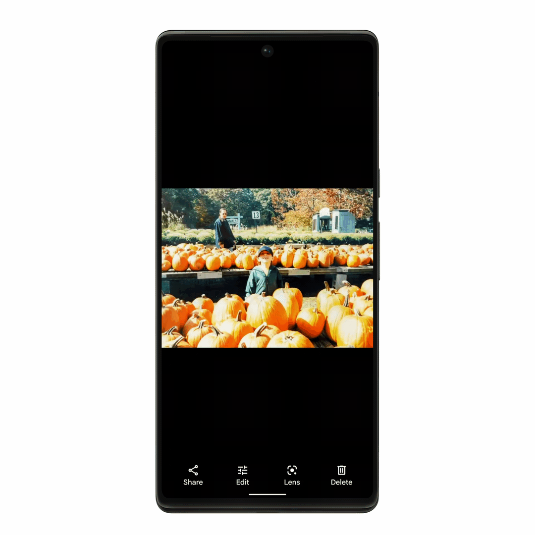 Gif showing Magic Eraser being used in Google Photos on Pixel 6 to manually remove distractions from the background of a photo of a child at a pumpkin patch. A person and various items are circled and then removed, resulting in an image with just the child.