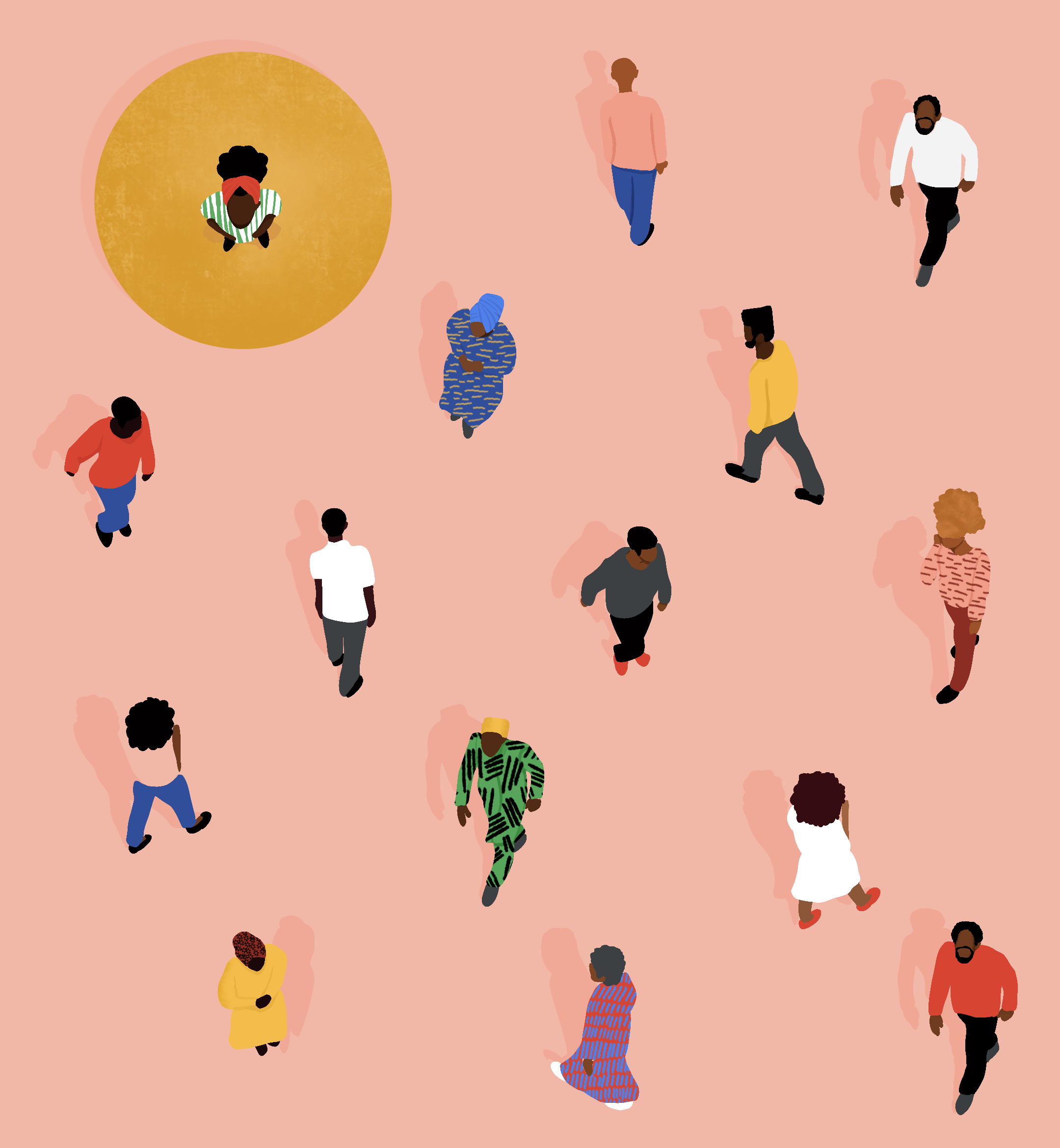 An illustration of many people walking on a pink background, with one person standing on a yellow circle