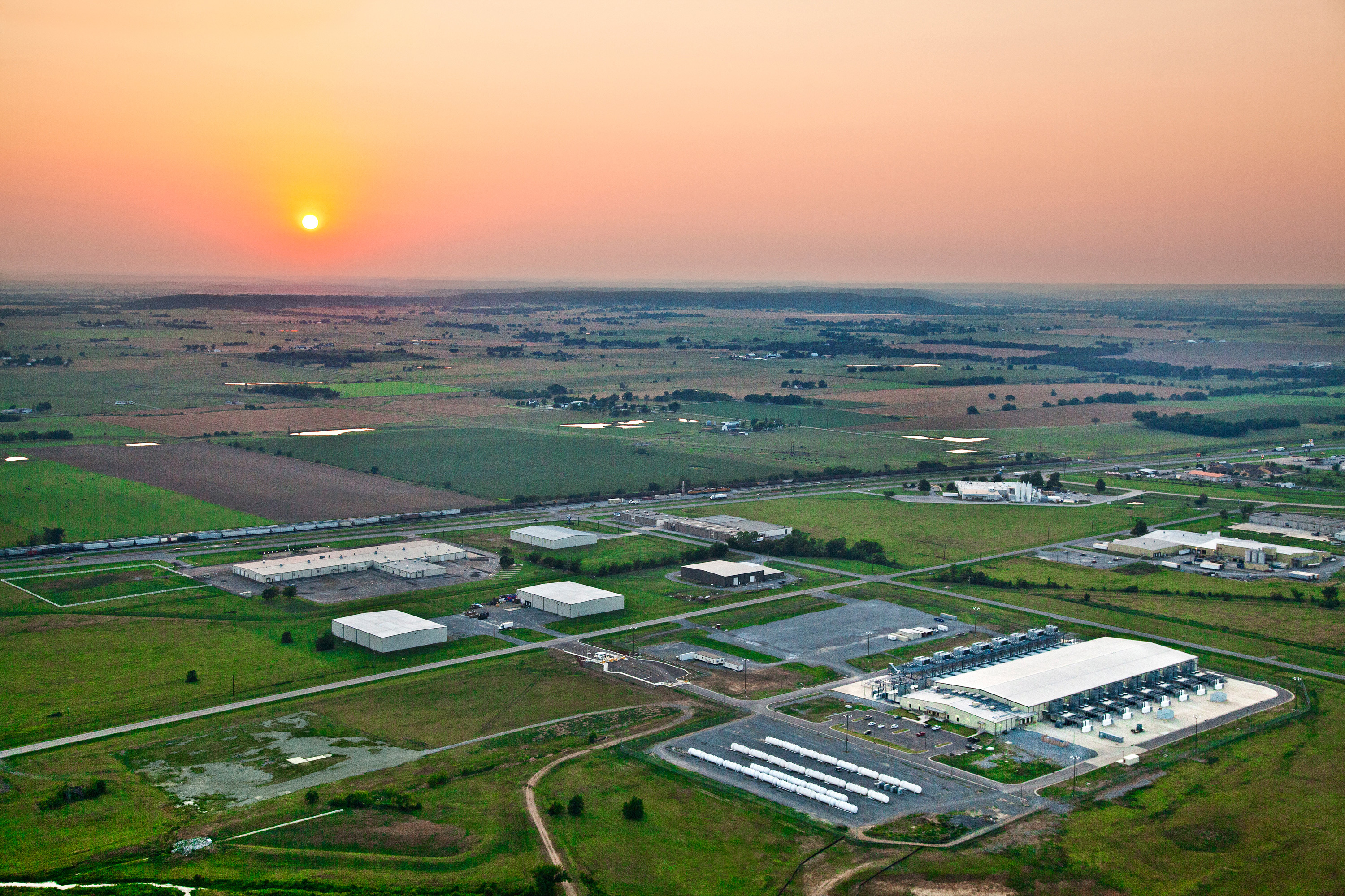 An overhead photo of Google's Oklahoma data center at sunset