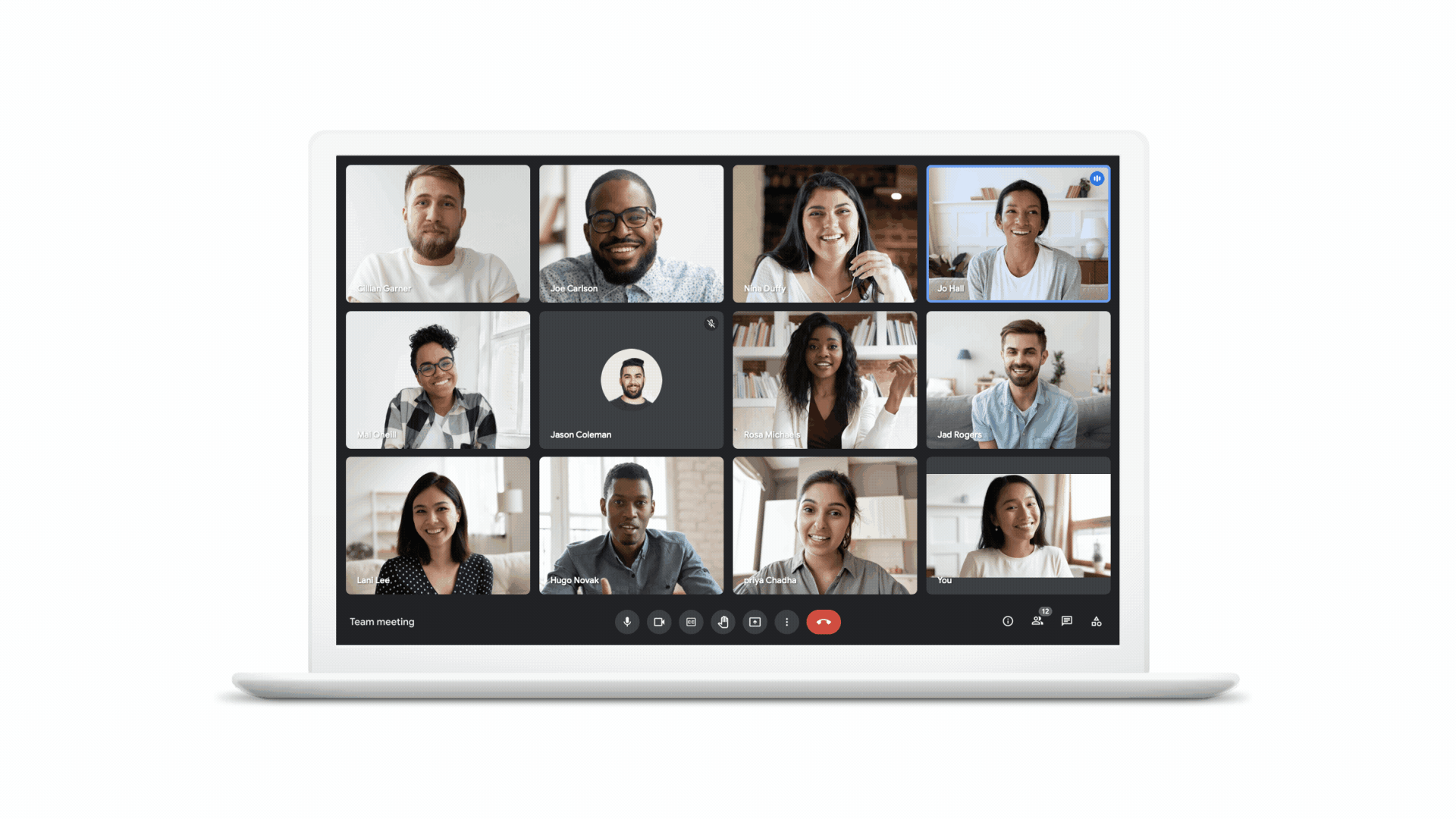 A presentation being unpinned to view all participants in a 12-person video meeting.