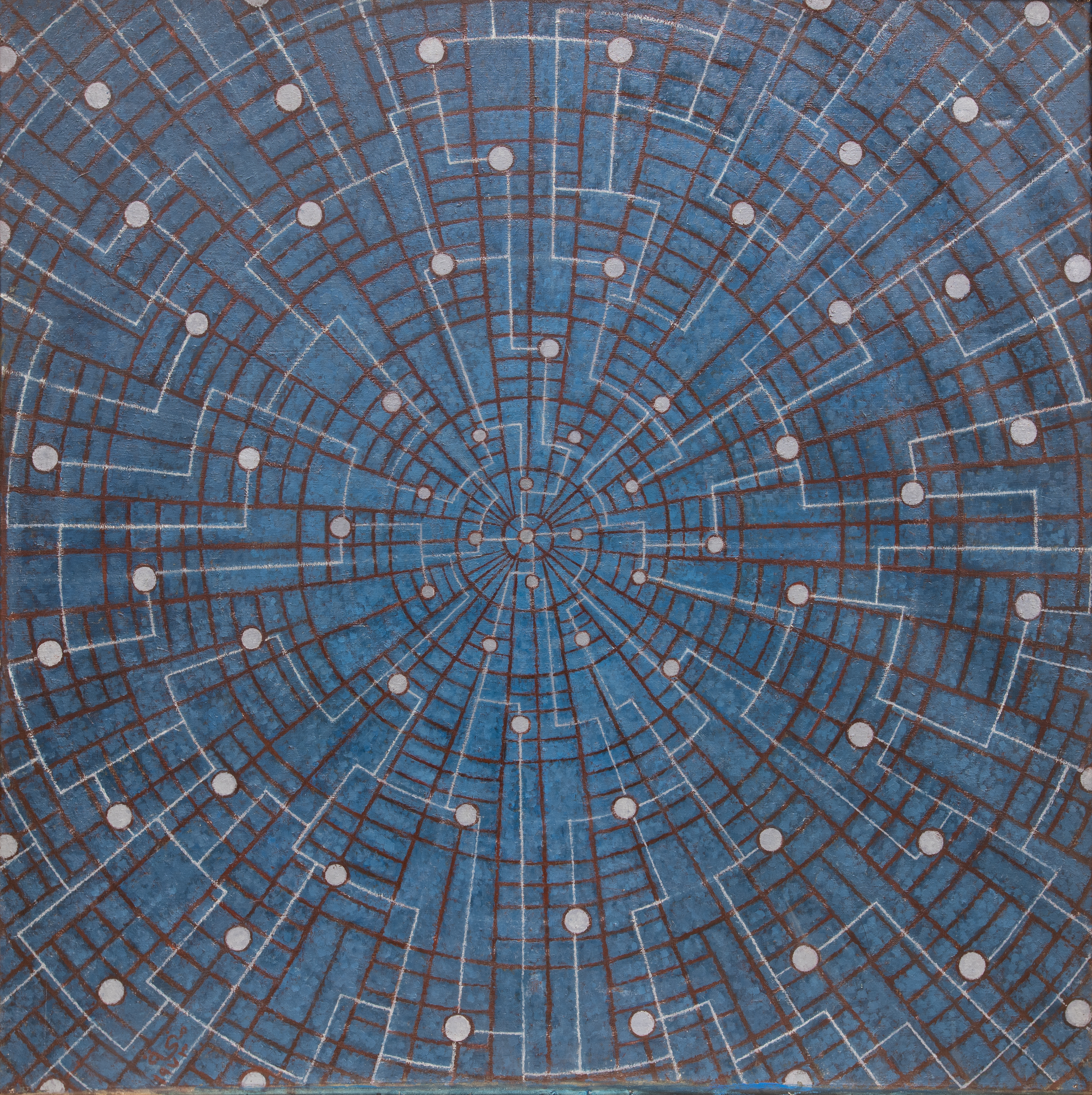 لوحة تجريدية هندسية تتميز بخطوط رفيعة وحادة الزوايا، ودوائر متداخلة، وتناقضات لونية غنية بدرجات الأزرق والأحمر والأبيض.