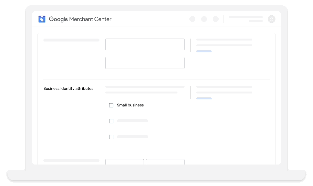 Animation shows a laptop screen on the Google Merchant Center site. In the “business identity attributes” section, a cursor clicks the “small business” option.