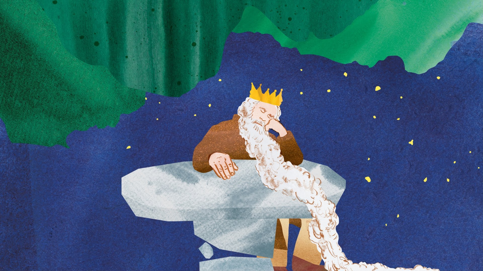 An illustration of an old King sleeping at a stone table, with his very long white beard flowing all the way down to the ground. He is against a serene blue background with yellow dots, and green patterns to signify landscape.