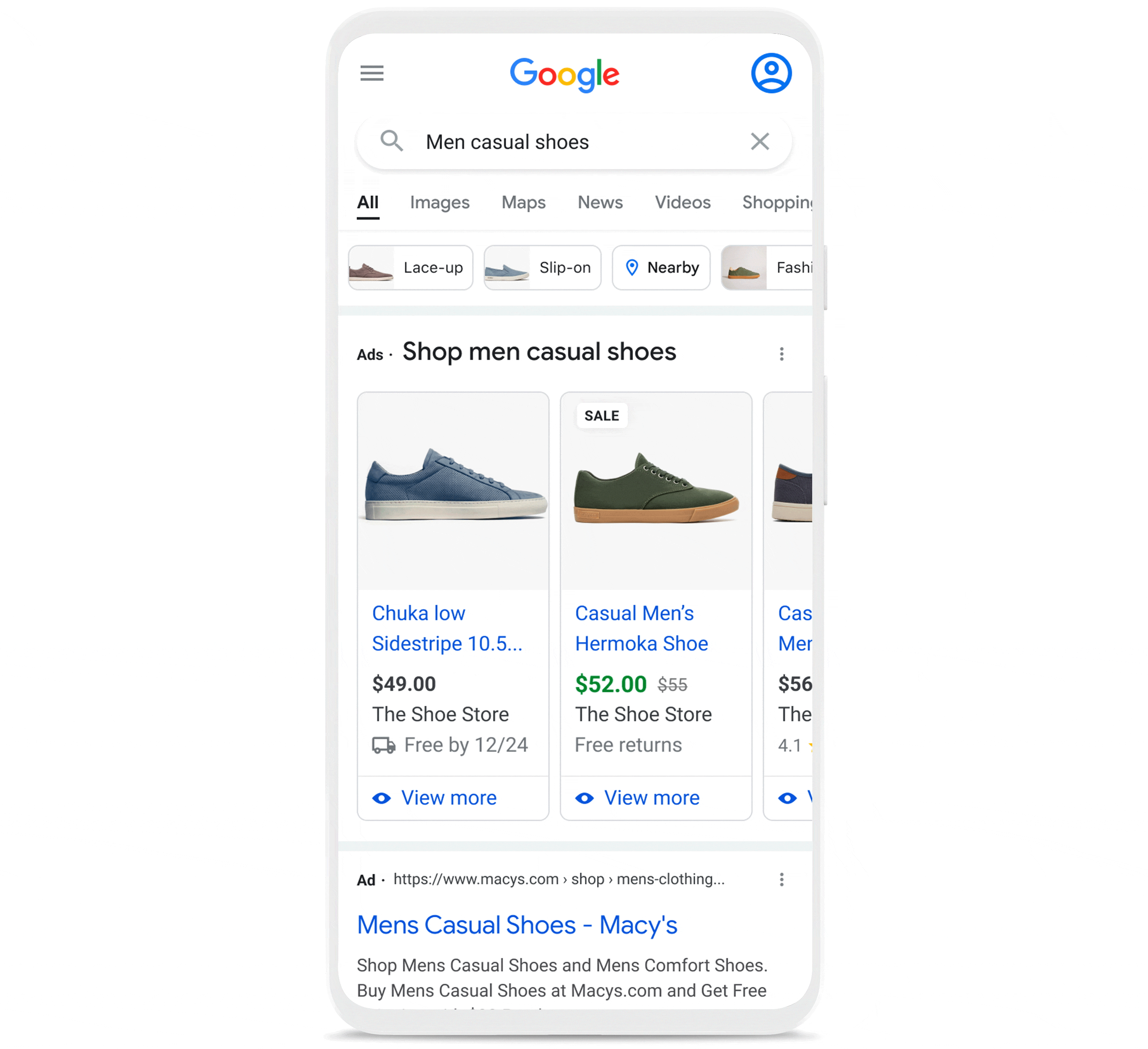 Mobile UI of sales price annotations and shipping and return options (US example)