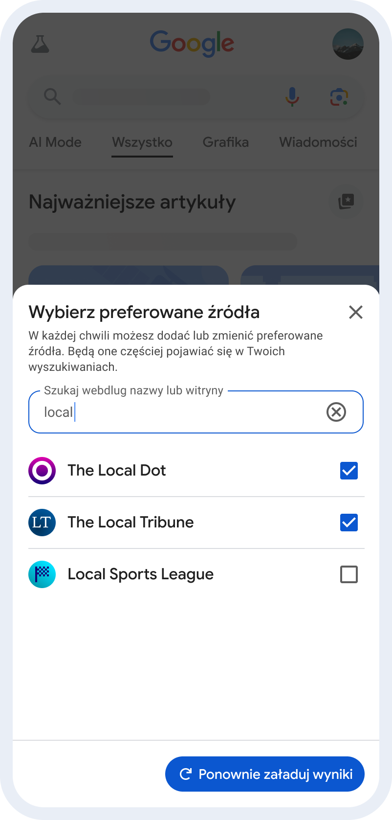 okno nakładki w aplikacji Google służące do wyboru preferowanych źródeł wiadomości z aktywną wyszukiwarką i listą wydawców.