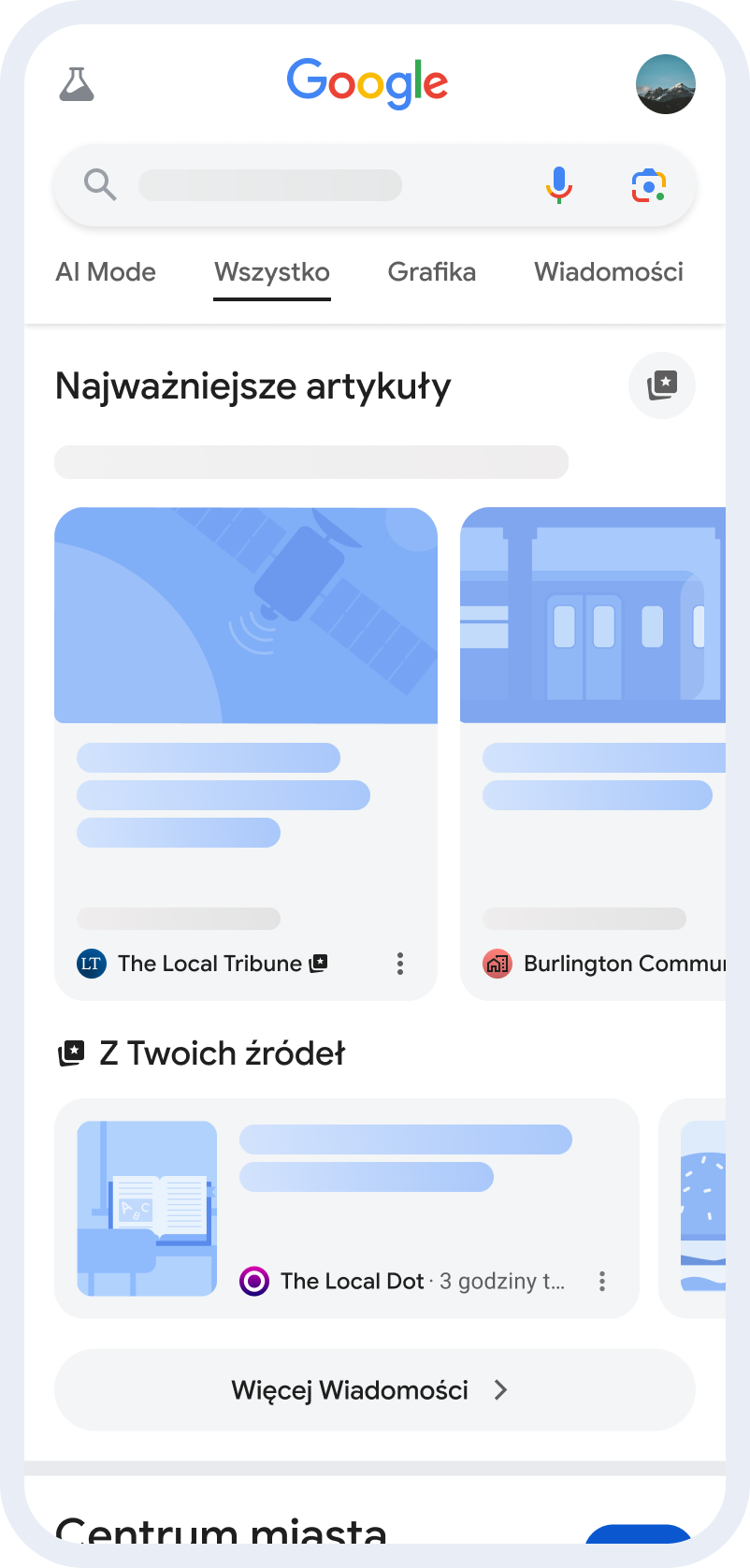 widok interfejsu mobilnego Google z wynikami wyszukiwania, sekcją „Najważniejsze artykuły” oraz modułem „Z Twoich źródeł”.