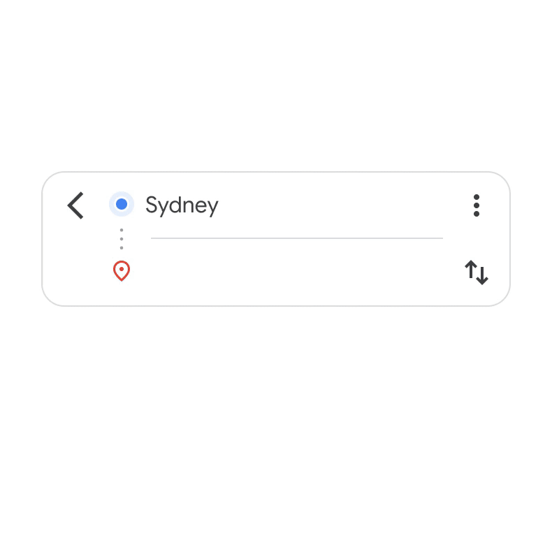 A GIF of a mobile phone showing the route from Sydney to Bowral. There is a prompt to 'Also consider' the option to take a train, which is 5 minutes faster.