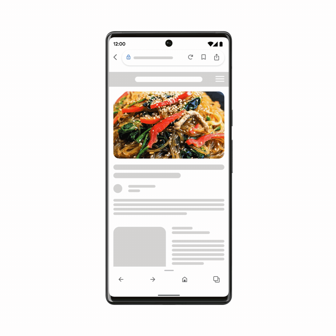 Eine Animation eines Telefons, die eine Suche zeigt. Ein Foto eines koreanischen Gerichts wird aufgenommen, dann wird in der Suche nach Restaurants gesucht, die es servieren und die in der Nähe der Nutzer:innen liegen.