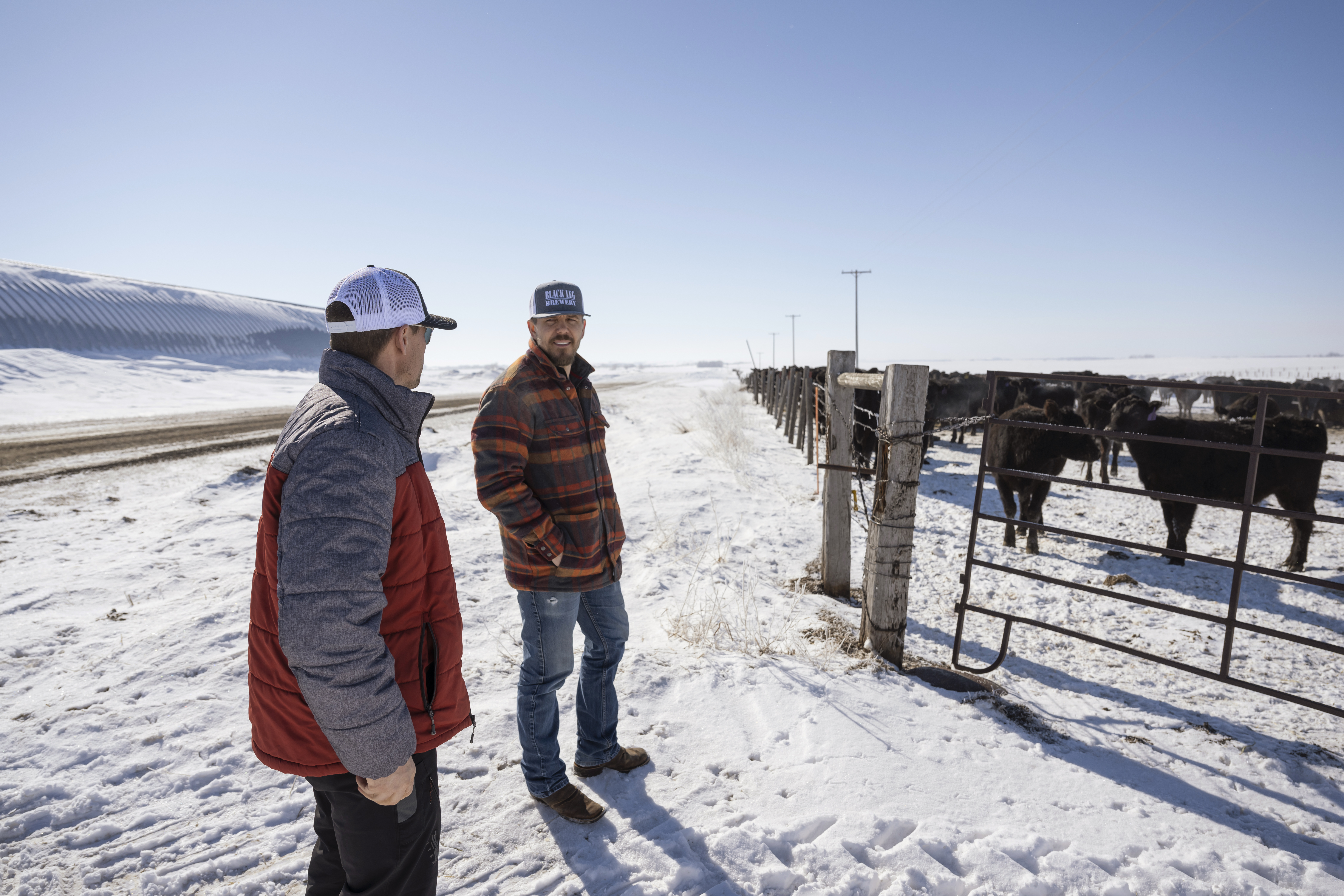 Two of the Doan family’s sixth-generation owners standing on a snow-covered field. A herd of cattle is gathered on the other side of a fence to the right.
