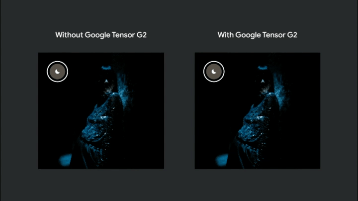 Two low-light animated gifs of the same photo, showing a woman standing against a wall with scattered light cast on her. The first image has the caption “without Tensor G2” and shows the photo going from extremely dark and showing an outline only to slightly lightening to the point that details of the woman are visible. The second gif has the caption “with tensor G2” and shows the photo going from extremely dark and showing an outline only to far lighter with much more detail visible but without an overexposure.