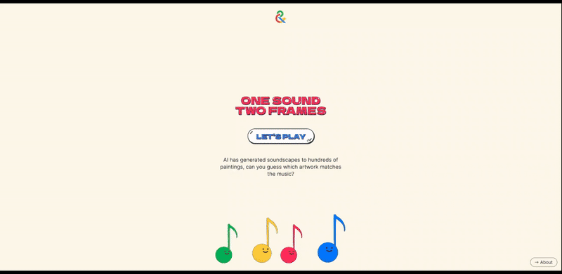 A gif showing the gameplay of One Sound Two Frames where you have to guess music and artwork pairings
