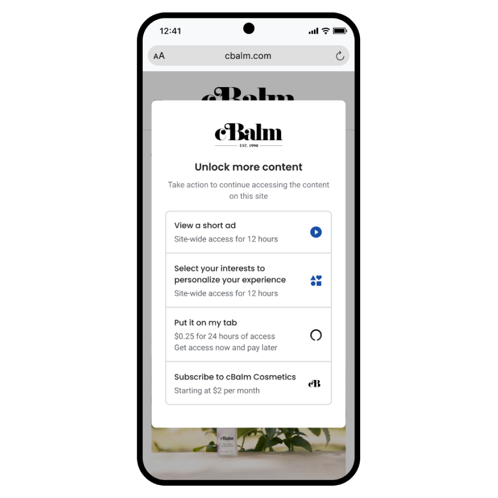 Offerwall pictured with multiple options, including a Custom Choice subscription, Micropayments with Supertab integration and Interest Survey.