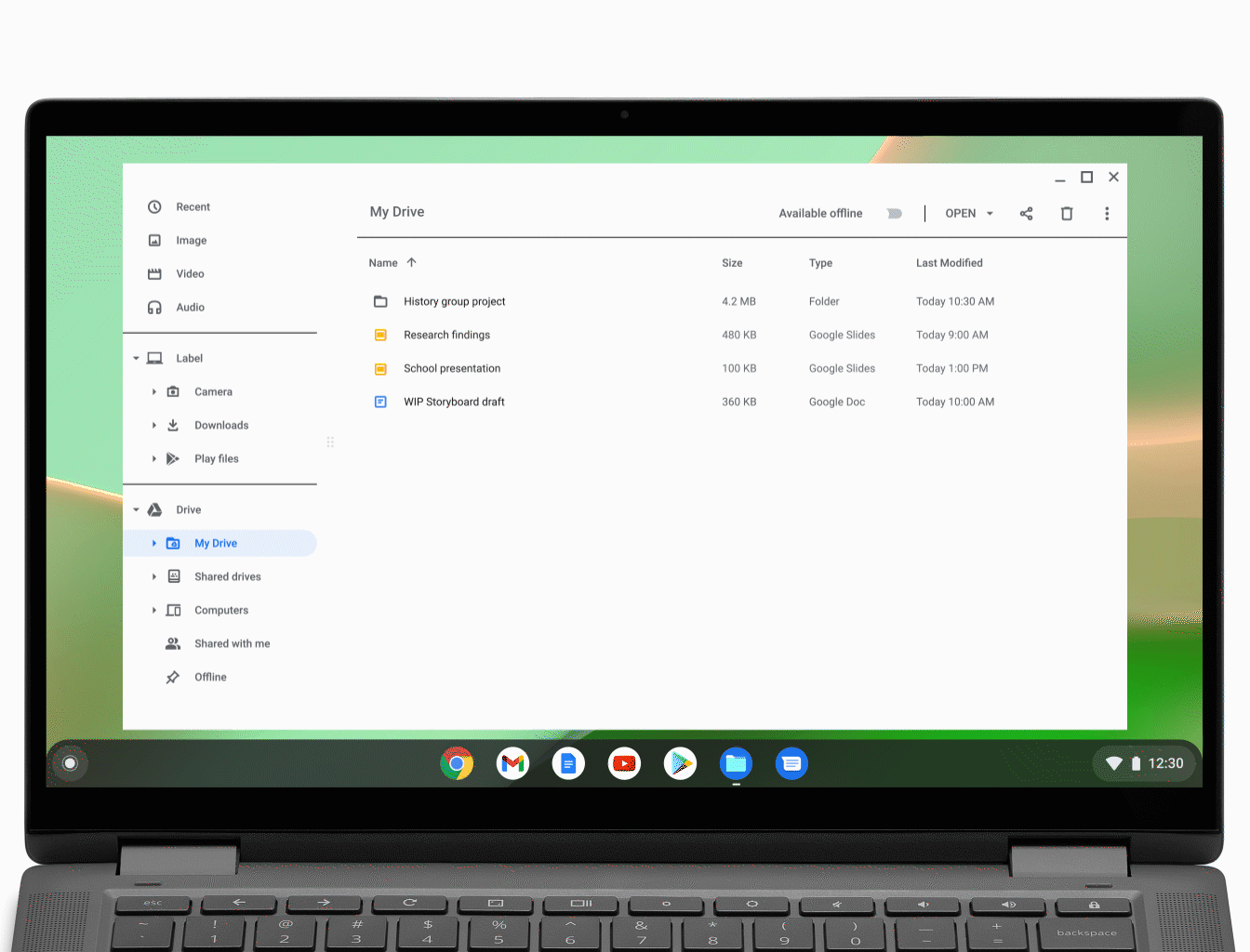 A user opens Chromebook’s Files app, then selects two flies to be saved for offline use.
