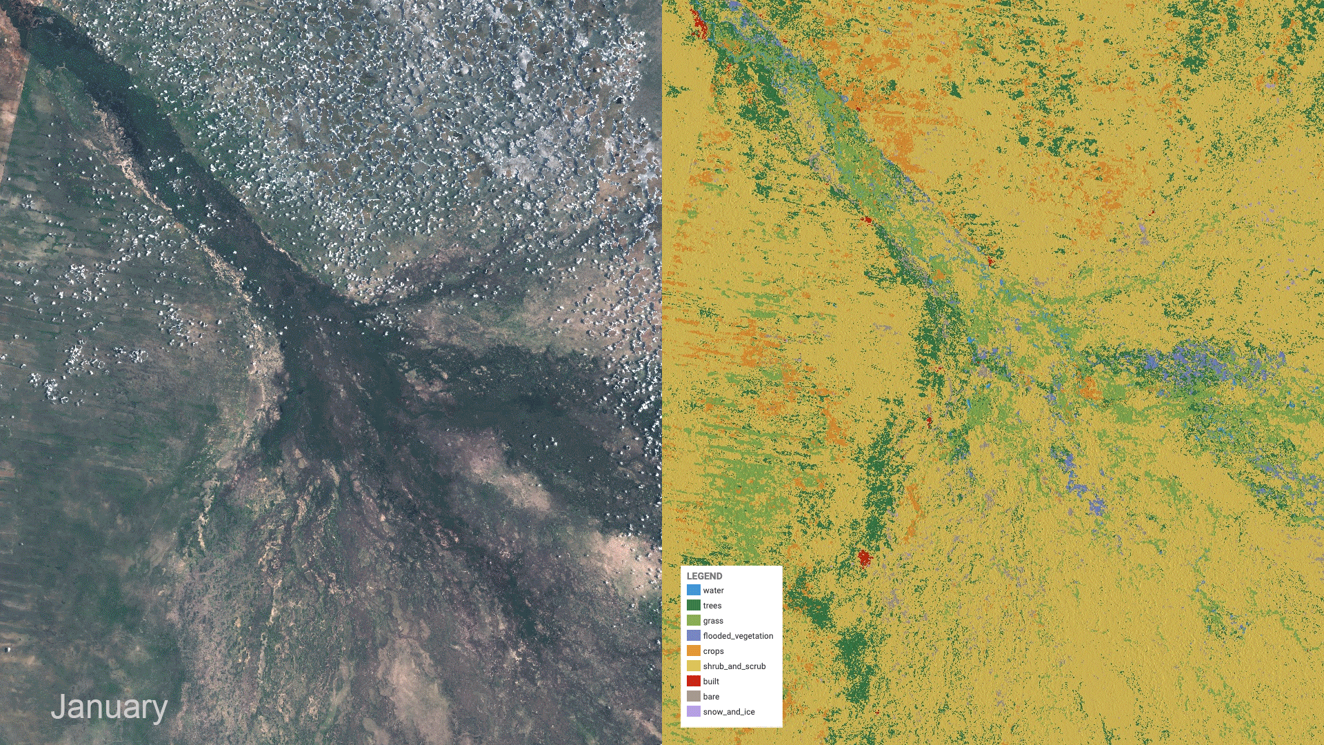A gif shows satellite imagery and Dynamic World imagery of the Okavango Delta in Botswana with increasing green and blue coloring to show changes in land cover as the delta floods in July and August and then dries from September to October
