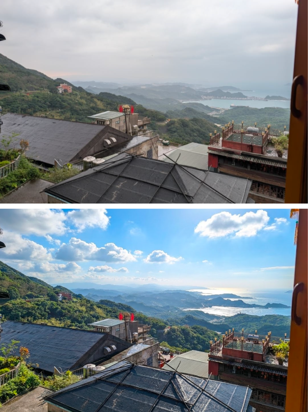 A comparison of the same hillside coastal village. The top image shows a dreary, overcast day with grey clouds and muted colors. The bottom half, highlighted by a blue selection box, shows the same scene transformed into a vibrant, sunny day with a bright blue sky, fluffy white clouds, and sunlit rooftops.