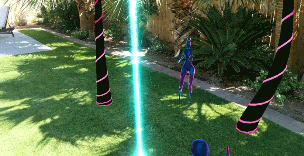 A garden with palm trees and characters within the PHAROS app.