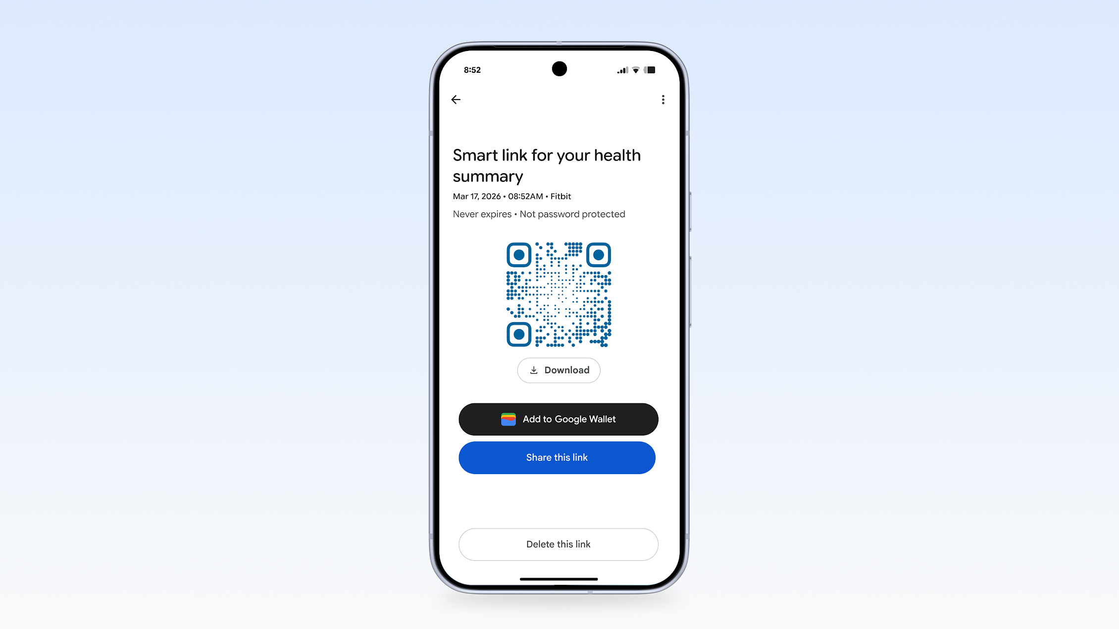 Smartphone screen showing a "Smart link for your health summary" with a central blue QR code. The interface includes buttons for "Download," "Add to Google Wallet," and "Share this link."