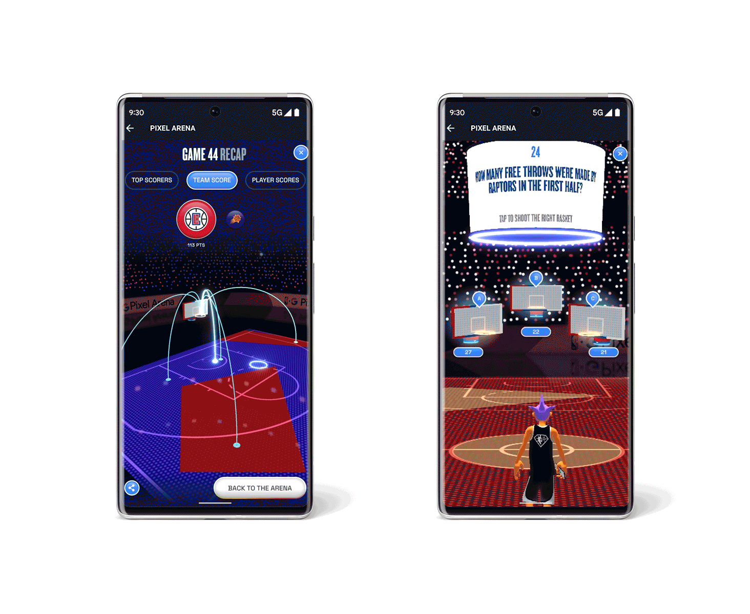 Two phone screens showing 3D shot recaps and trivia games