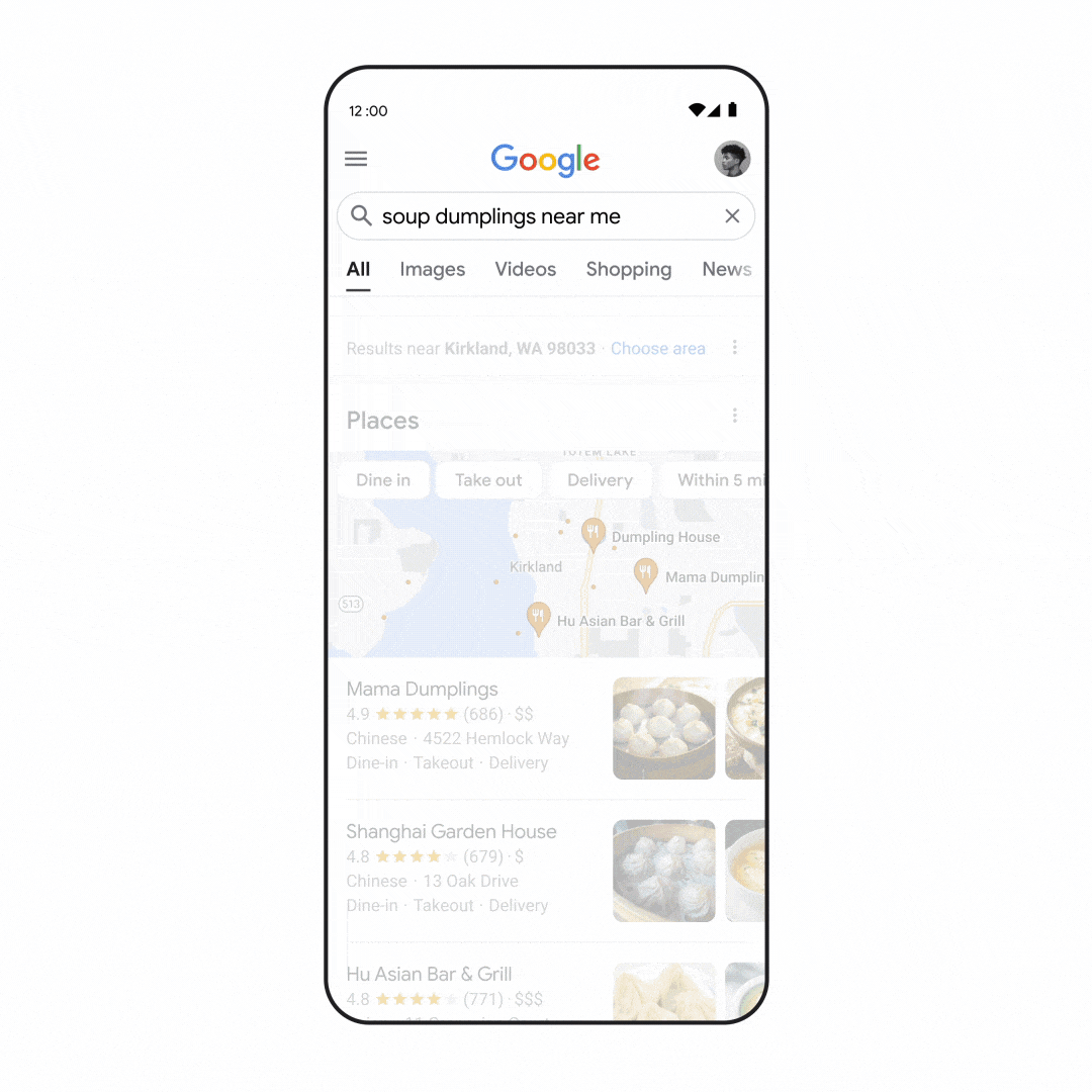 Search for specific dishes. With this feature,  a soup dumplings search query will show the user experience from typing in “soup dumplings” and ultimately landing on a dish, then recommendation on where to order them.