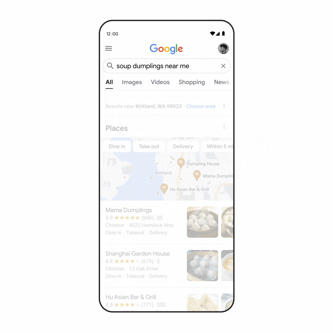 Search for specific dishes. With this feature, a soup dumplings search query will show the user experience from typing in “soup dumplings” and ultimately landing on a dish, then recommendation on where to order them.