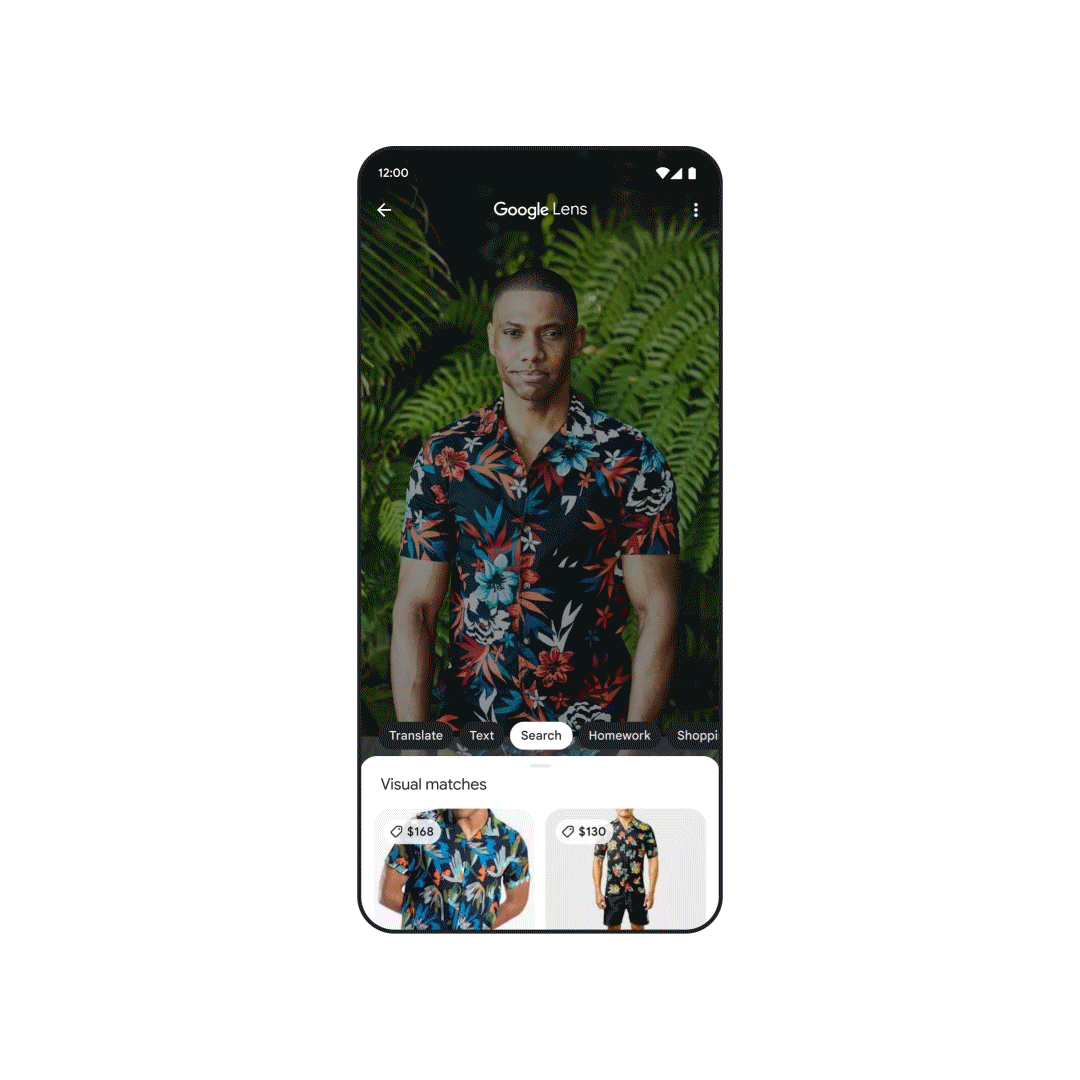 Phone showing multisearch for a patterned floral-print shirt and a tie.