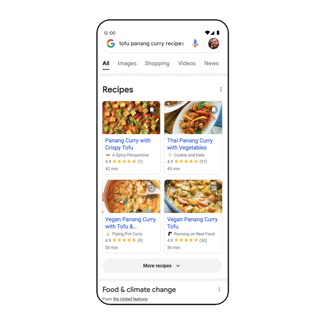 A search for panang curry with tofu, showing how tofu compares to other proteins in terms of emissions.