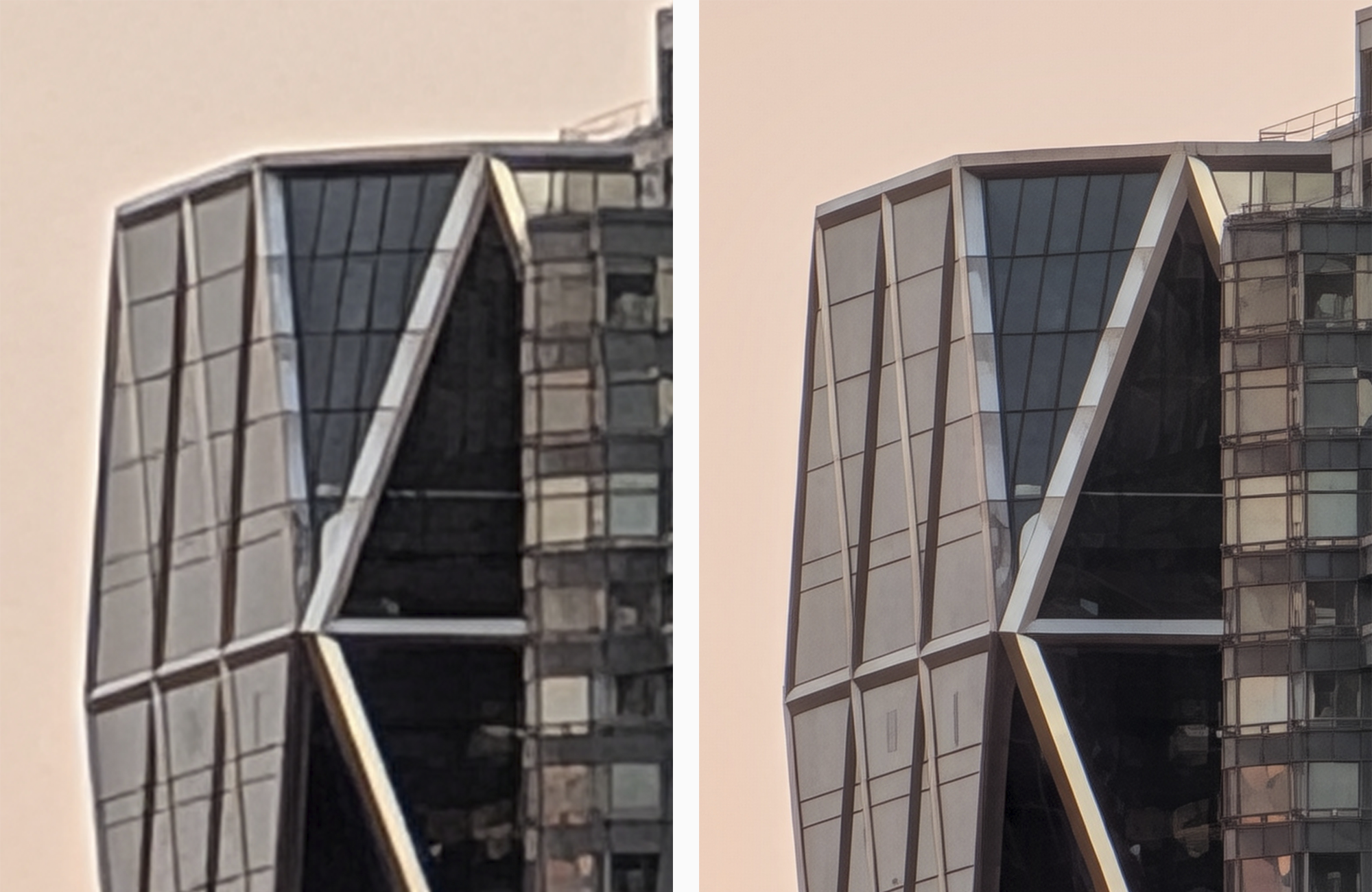 Before and after image of building windows with Pro Zoom at 100x