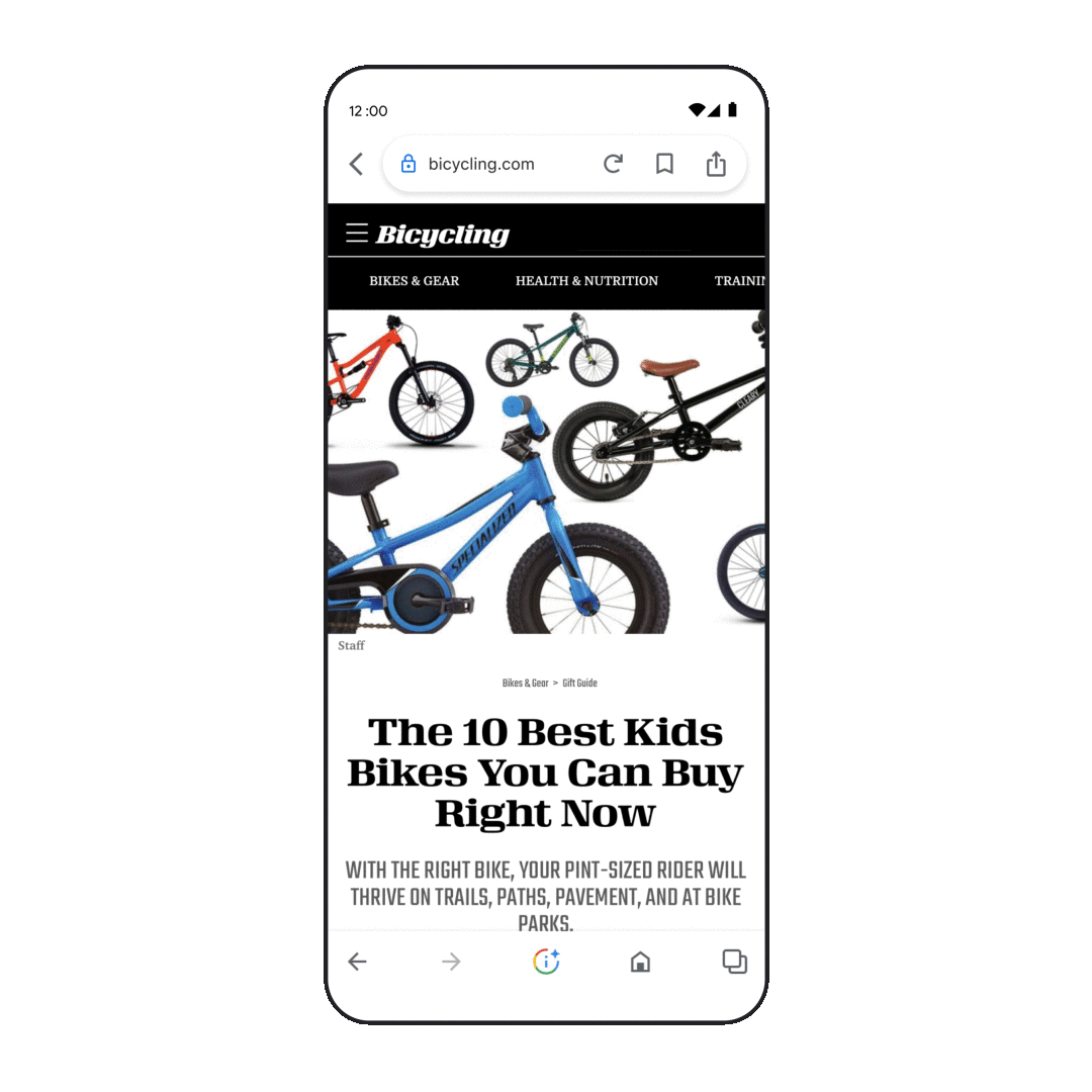 An animation of Google Shopping’s upcoming “page insights” tool related to a search for “kid’s bikes.” It clicks on an option to “track product,” opens a webpage titled “The 10 Best Kids Bikes You Can Buy Right Now” and clicks on “about this page.”