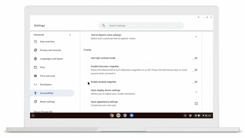 Gif of the panning method on the full screen magnifier on a Chromebook