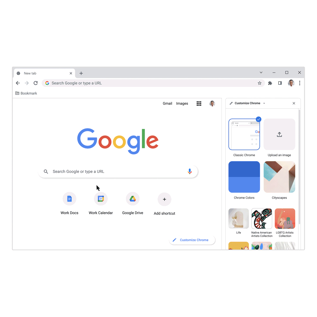 A classic Chrome browser appears. In the side panel, a cursor selects a colorful theme from the LGBTQ Artists Collection before turning on the "Refresh daily" toggle.