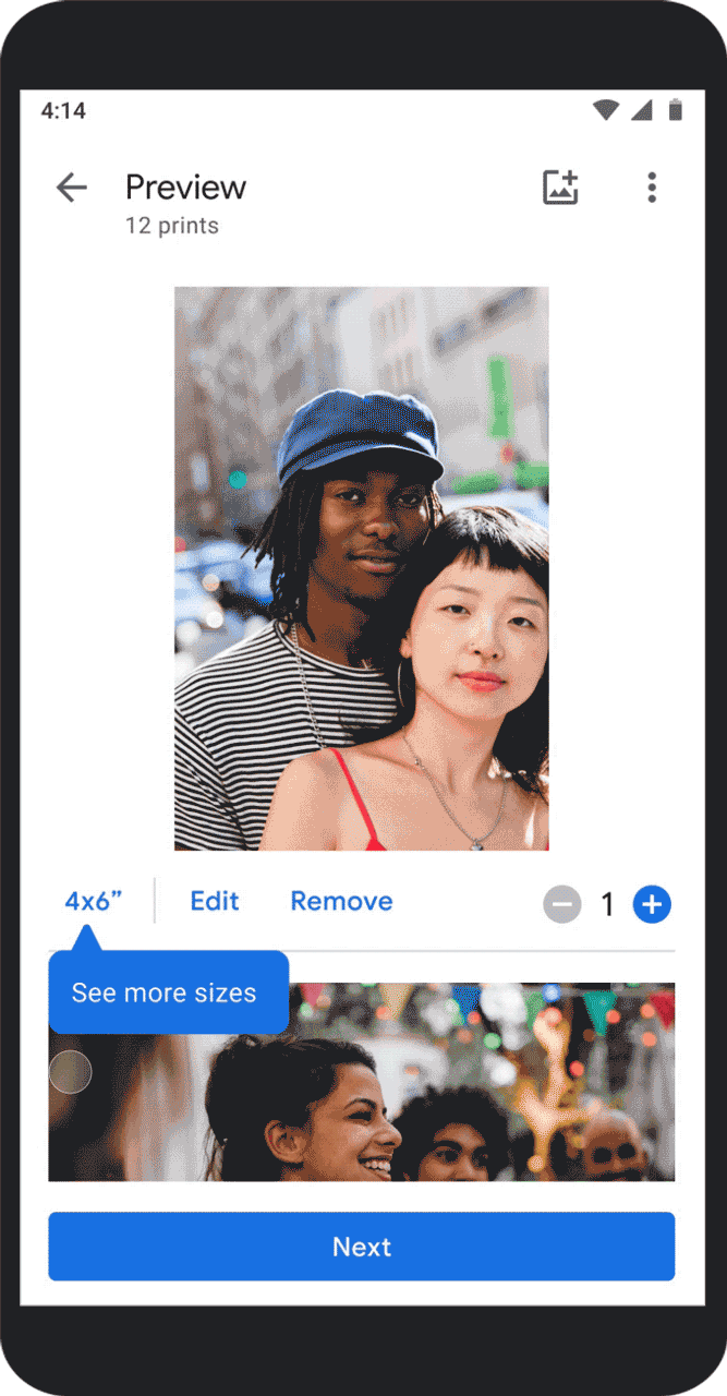 Animation showing available photo print sizes in the Google Photos app.