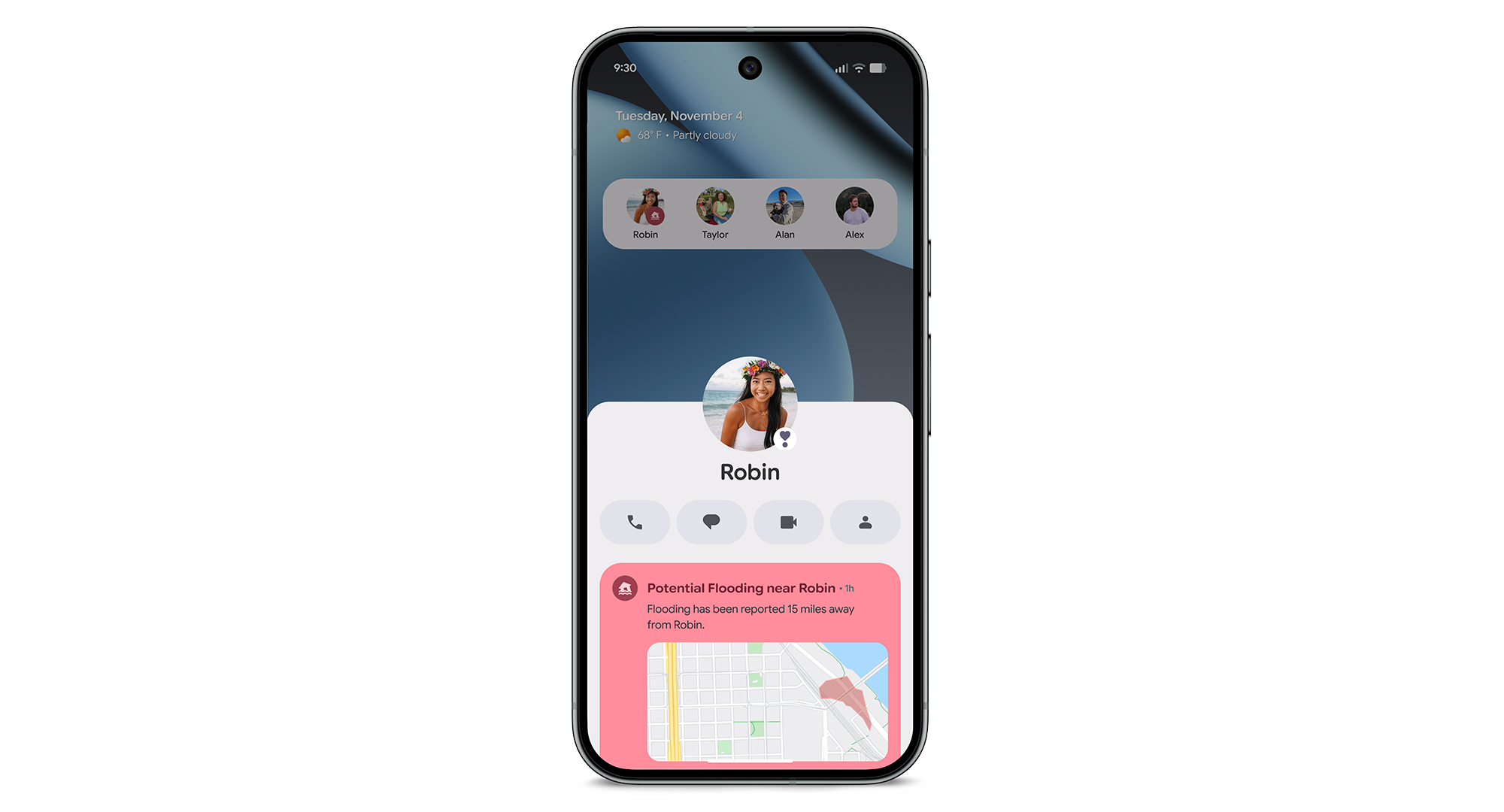 Image of a Pixel 10 Pro displaying a contact widget for Robin with quick actions and a Potential Flooding alert showing the location on a map.
