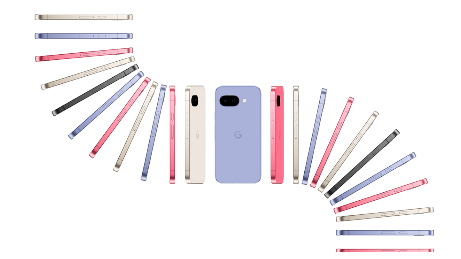 A semicircle of smartphones in various colors is arranged on a white background, curving from the upper left to the upper right. The phones are shown from the side. In the center of the semicircle, three phones are positioned to show their backs: a white phone with a black camera bar, a light purple phone with a G logo, and a pink phone with a black camera bar.