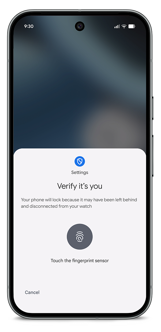 Image showing a prompt to verify identity with a fingerprint scan due to Pixel Watch and Pixel Phone disconnection.