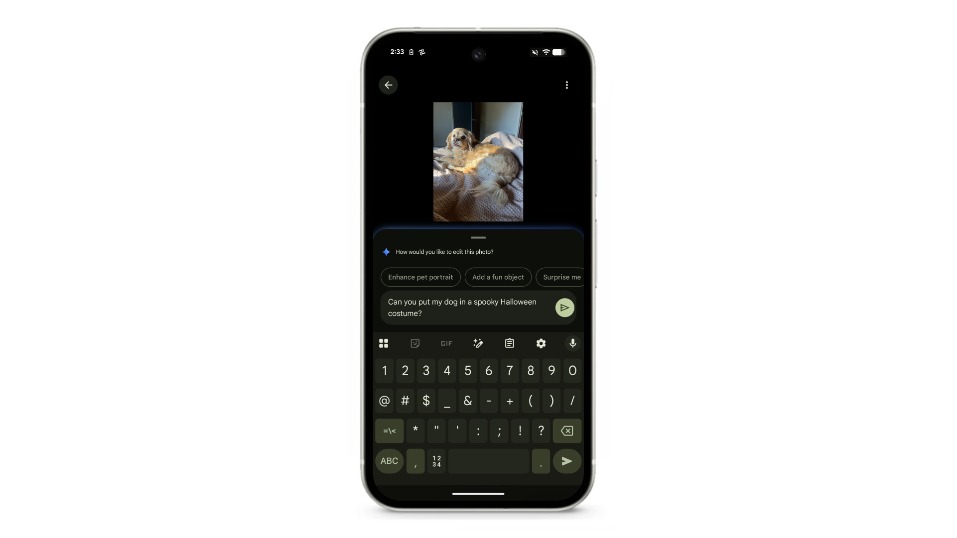 A Google Pixel phone screen displays an AI photo editing interface. A photo of a dog is shown, and a text prompt below it reads: Can you put my dog in a spooky Halloween costume? The phone's keyboard is visible at the bottom of the screen.