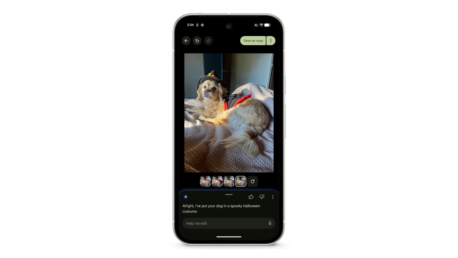A screenshot of a Google Pixel phone displaying an AI photo editing feature. The screen shows a photo of a light-colored dog lying on a bed. The dog has been digitally edited to wear a small, black witch's hat. Below the photo, a text bubble reads: Alright, I've put your dog in a spooky Halloween costume.