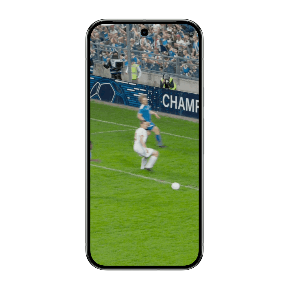 Android phone shows a soccer game with Expressive Captions on, highlighting duration with someone describing a goal as "Amaazing".