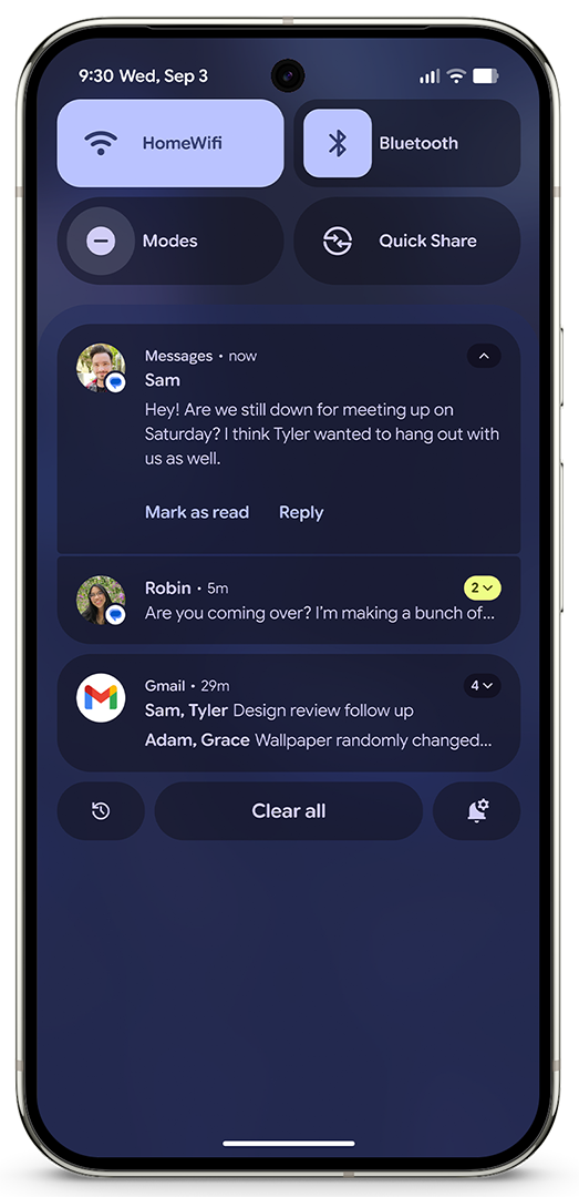 Karuzela z widokami interfejsu Material 3 na telefonie Pixel 9 Pro i tablecie Pixel Tablet