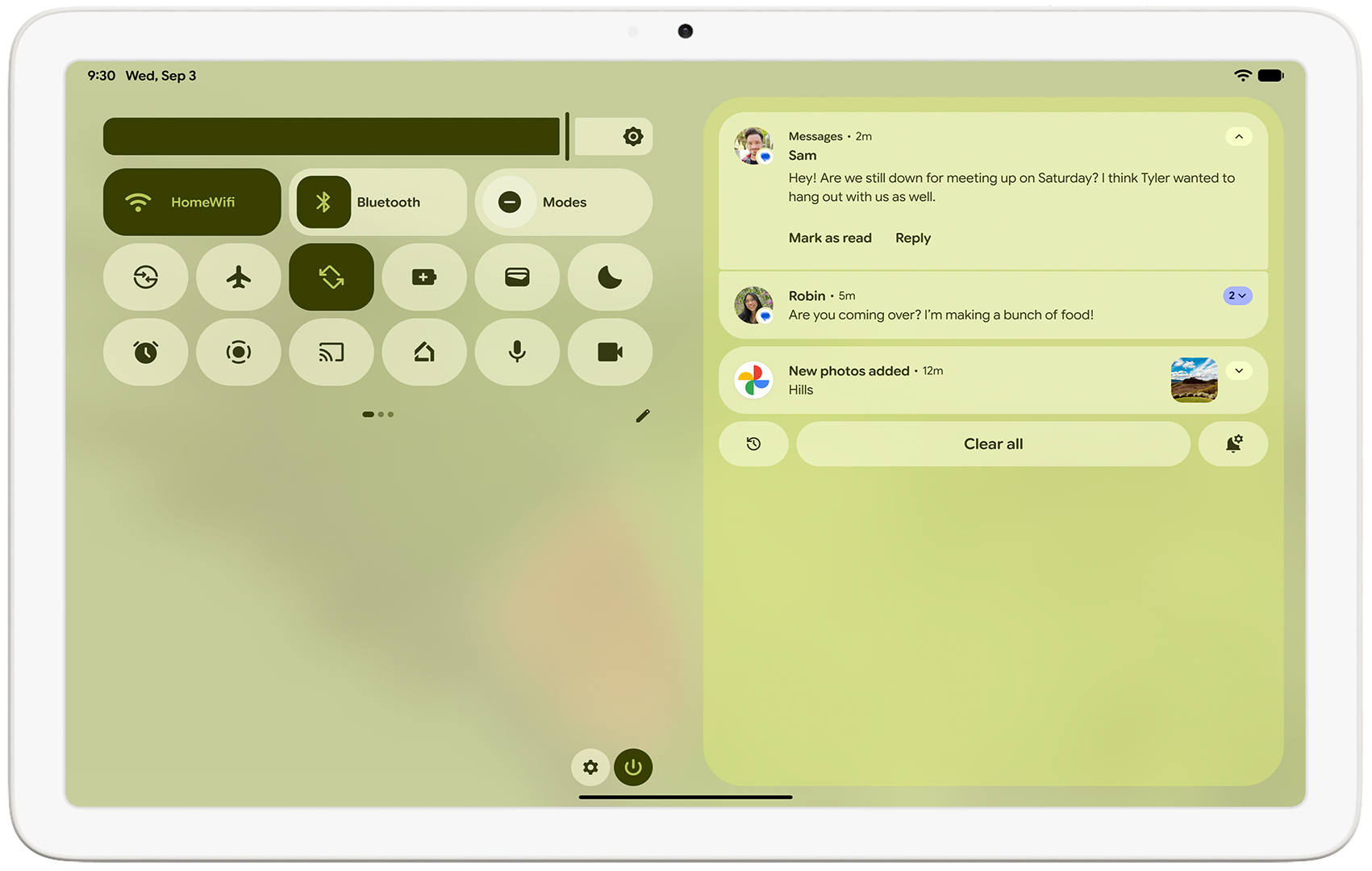 Karuzela z widokami interfejsu Material 3 na telefonie Pixel 9 Pro i tablecie Pixel Tablet
