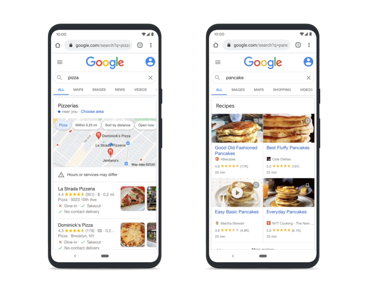 google search results pages for pizza and pancake