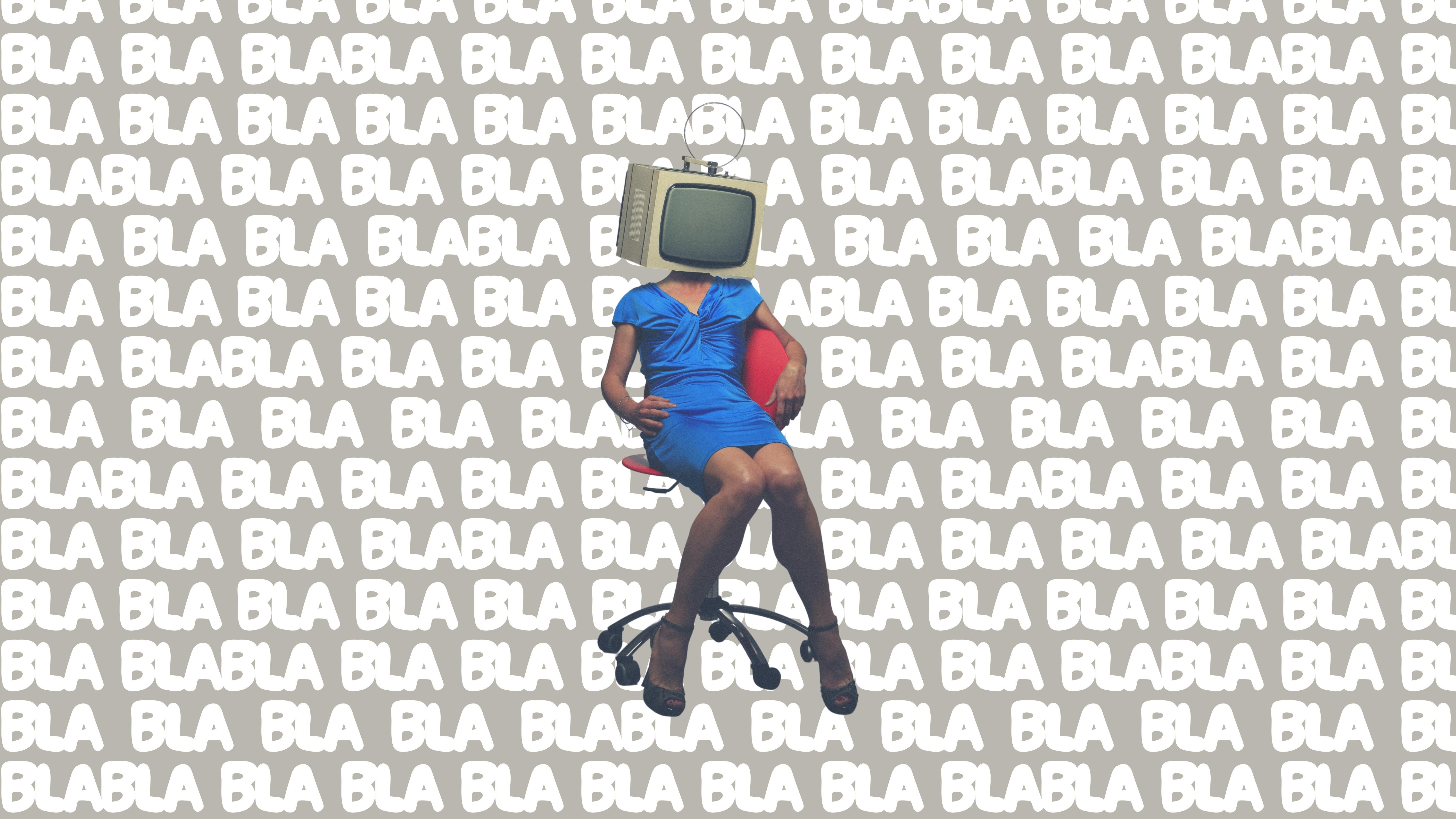 Illustration of a woman sitting in a chair with an old computer screen as her head. The word "blablabla" is written on the background.