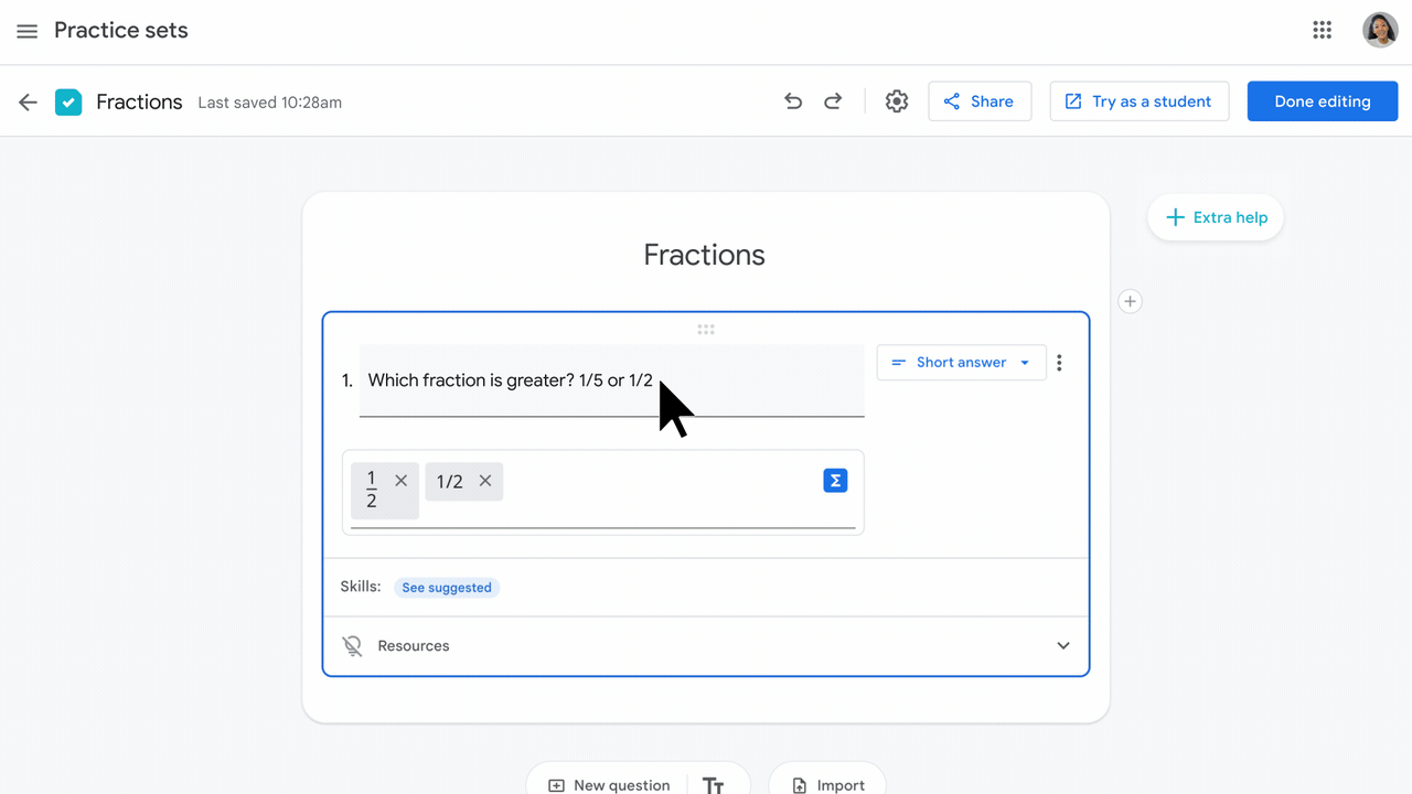 Visual showing a teacher adding a question to a practice set within Classroom, attaching a skill to the question, reviewing the resources associated with the skill, then adding their own note telling the student to review notes from Thursday’s class.