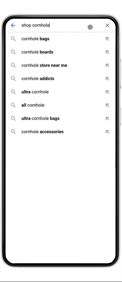 A phone shows a search for “shop cornhole.” The cursor scrolls and clicks a product with a “sale” badge and price comparisons appear.