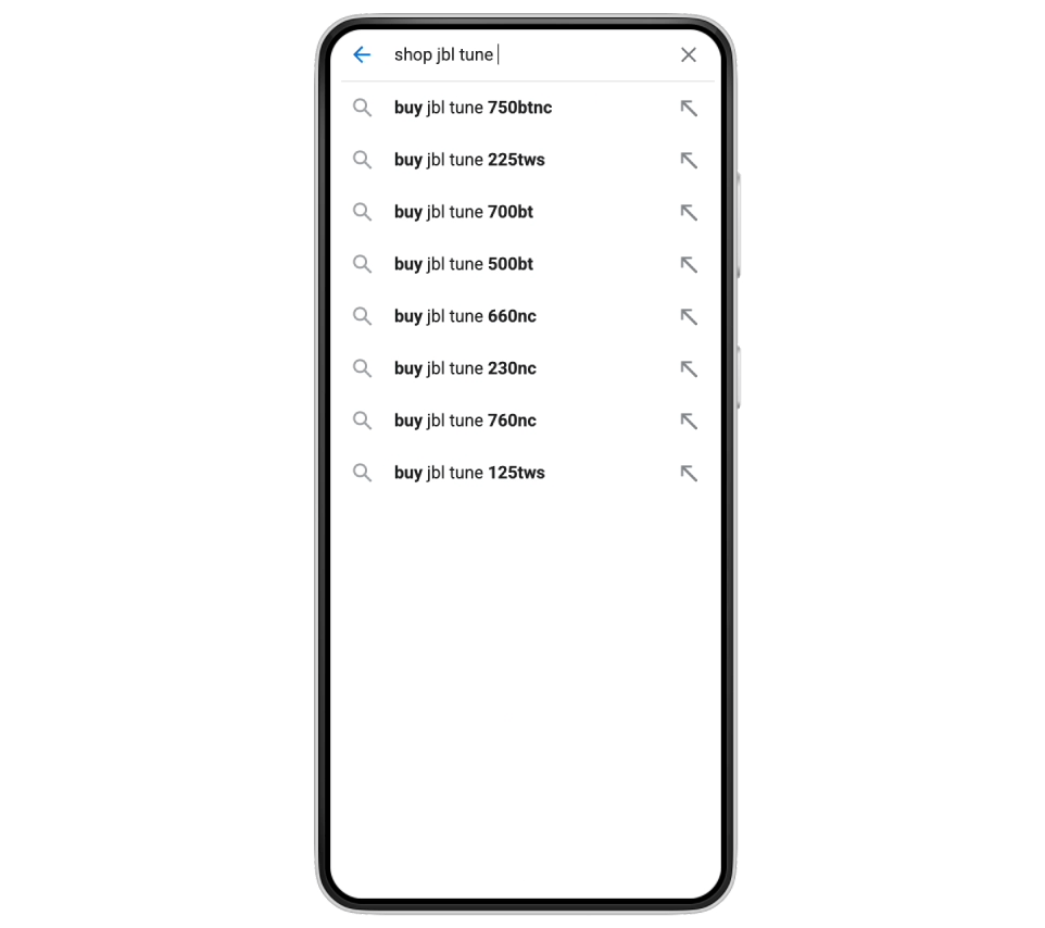 A mobile search for “shop speaker jbl tune 130nc” shows results for speakers. It scrolls down to an “online stores” section, where the color “white” is selected from a drop-down menu and a graph shows different price ranges.