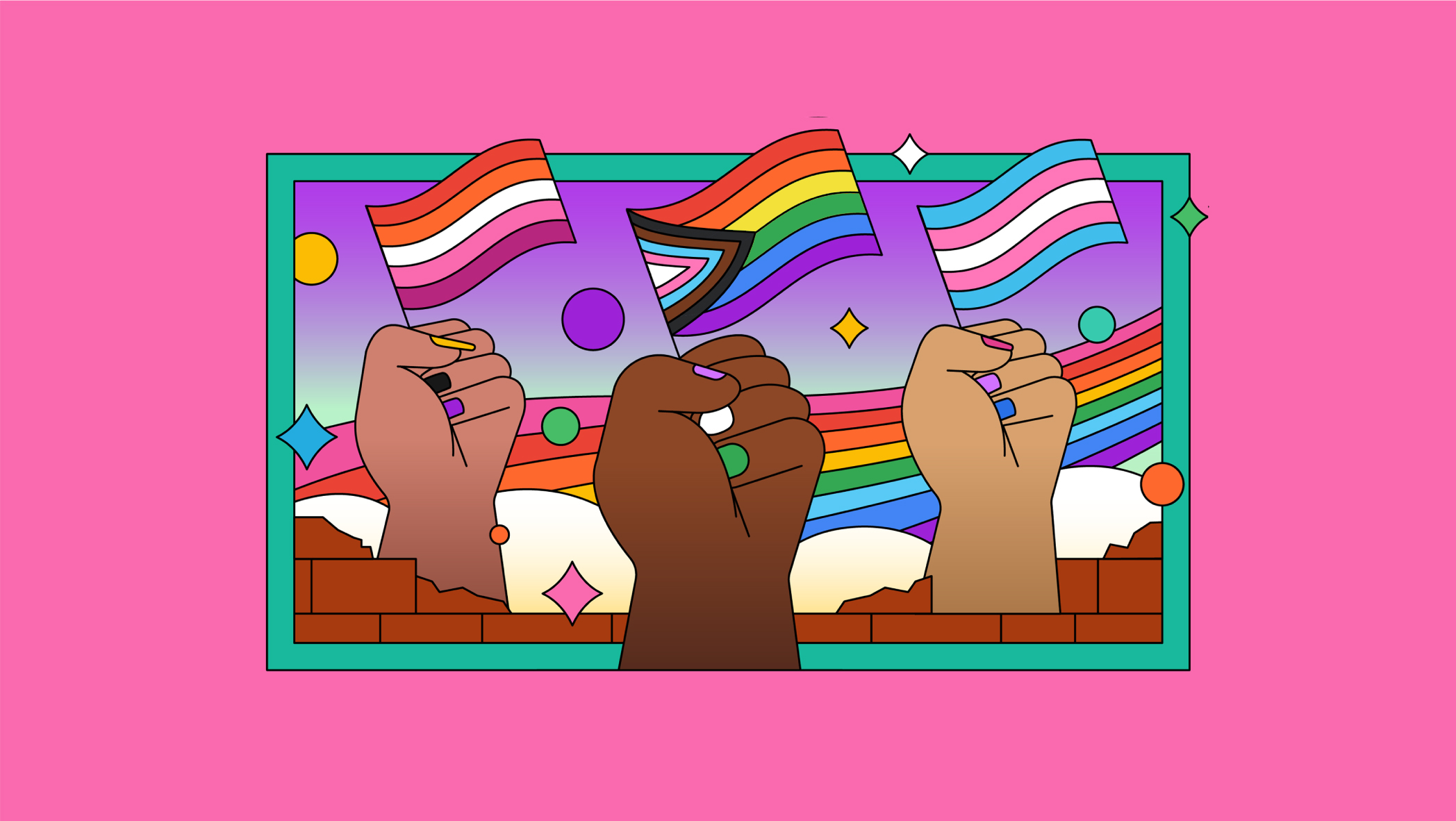 an illustration of hands holding flags with a rainbow behind them