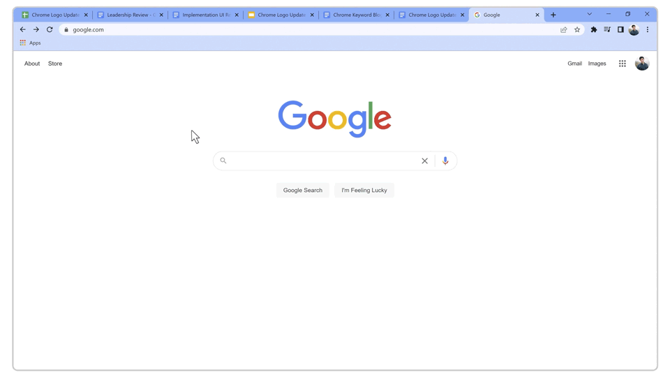 A cursor navigates to the Chrome search bar on an open window. “Drive” is typed into the address bar, and the search bar changes to show “Search Google Drive”  in blue lettering within the search bar. Then “chrome logo” is typed in and the cursor clicks on the option to display search results for this term from within Google Drive. The page then opens to display a Google Drive page with the results for files containing the words “chrome logo” already shown.