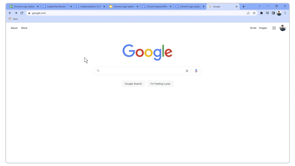 A cursor navigates to the Chrome search bar on an open window. “Drive” is typed into the address bar, and the search bar changes to show “Search Google Drive” in blue lettering within the search bar. Then “chrome logo” is typed in and the cursor clicks on the option to display search results for this term from within Google Drive. The page then opens to display a Google Drive page with the results for files containing the words “chrome logo” already shown.