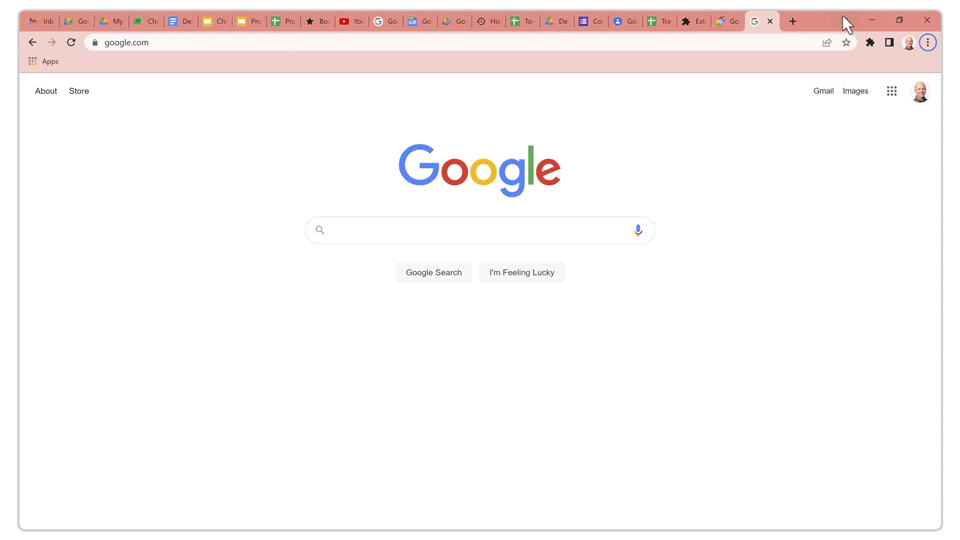 A Chrome browser is shown with more than 20 tabs opened. A cursor navigates to the top right of the screen, clicks on a downfacing arrow, and brings up a search bar where the text reads “Search Tabs” and displays a list of the opened tabs. “Design reviews” is typed into the search bar, and the list of tabs narrows down to only those with that text in the title. The cursor selects a tab containing a Google Drive page with “Design reviews” results displayed